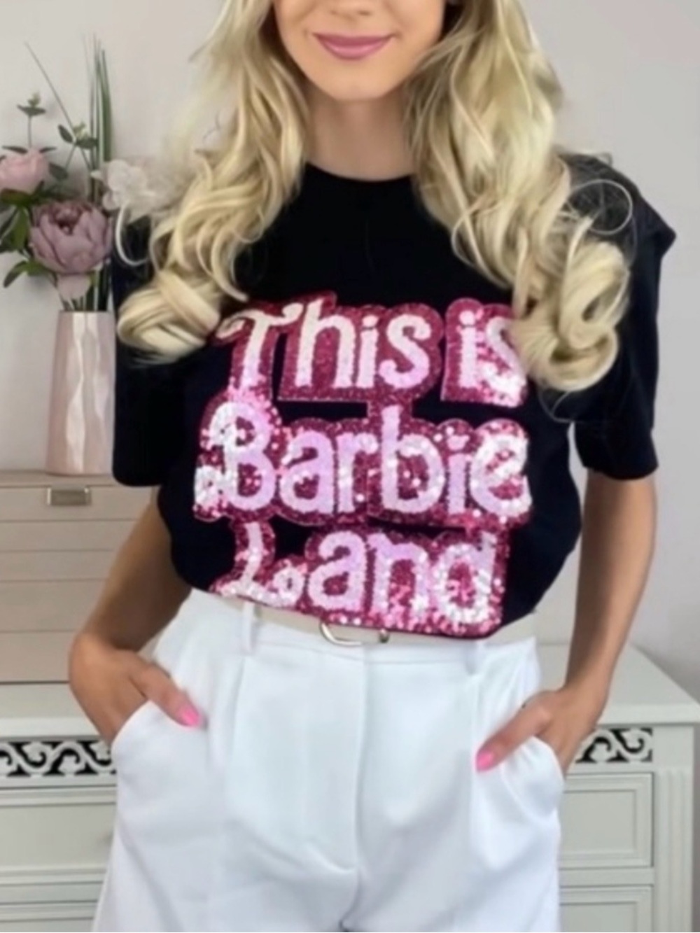 Zara BARBIE Black Tee with Pink Sequin 'This is Barbie Land' Graphic